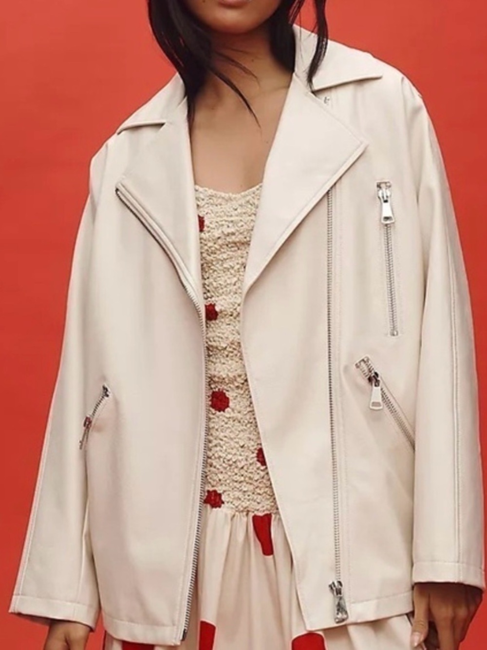 Maeve Oversized Faux Leather Moto Jacket in Cream - XL